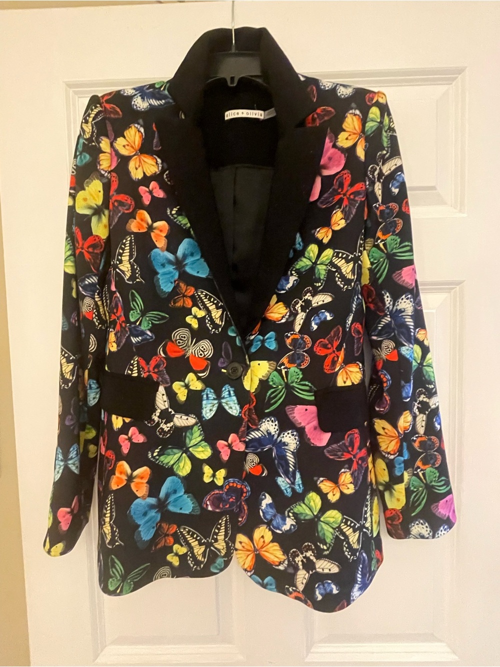 Alice + Olivia Black Blazer with Multicolor Butterfly Print